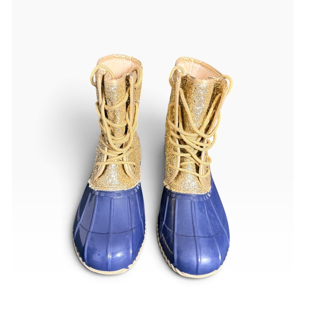 Sugar Women Blue Gold Glitter Duck Boots Lace Up Faux Fur Lined Rain Snow Boots